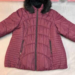 Falls Creek Burgundy Puffer Jacket with Faux Fur Hood plus size 3x